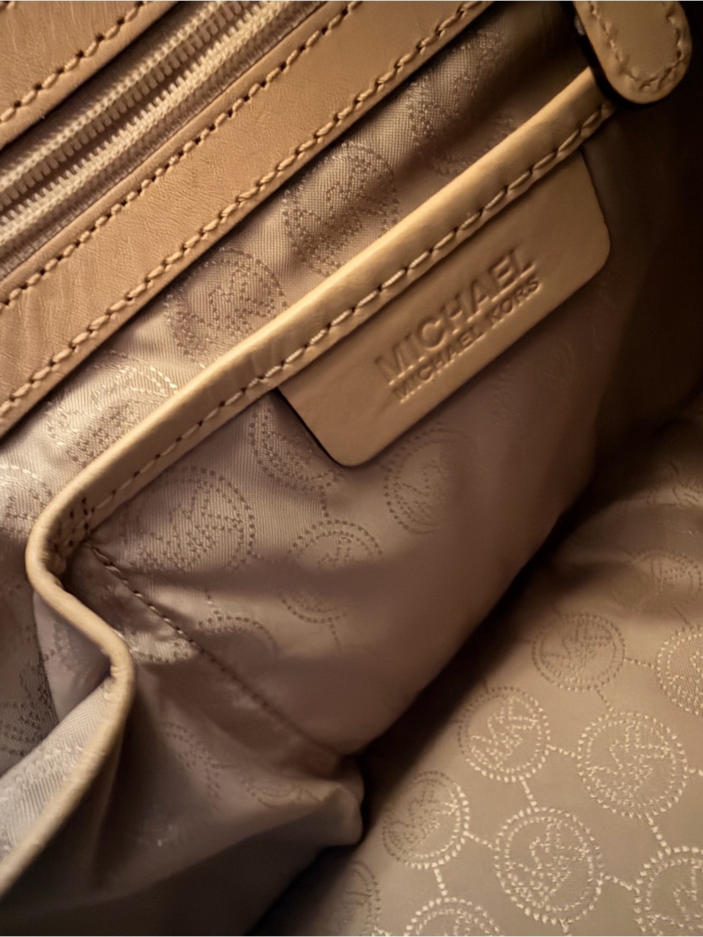 Michael Kors Cream Logo Satchel with Tan Leather Trim and Gold Hardware - Picture 9 of 11